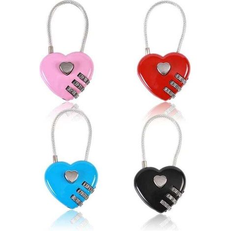 Lot de 4 Cadenas Cœur à Code 3 Chiffres Réinitialisable Câble Métallique pour Valises et Couple (1/4)