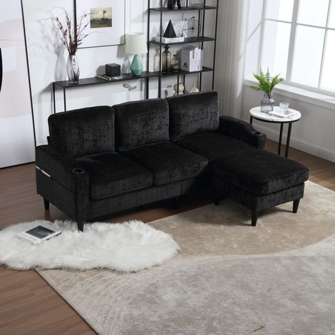 Sofá de 4 plazas 196,5x75x77 cm de chenilla negra con puf arcón para salón moderno - MEUBLIV (1/5)