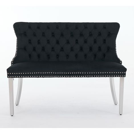 Lot Unique Noir DE1702BK - Banc 2 Places Capitonné Boutons Faits Main, Dossier Aile, Pieds Acier Inoxydable Brossé Argent, Double Banquette Velours pour Cuisine & Salle à Manger, Siège Moderne Milieu 