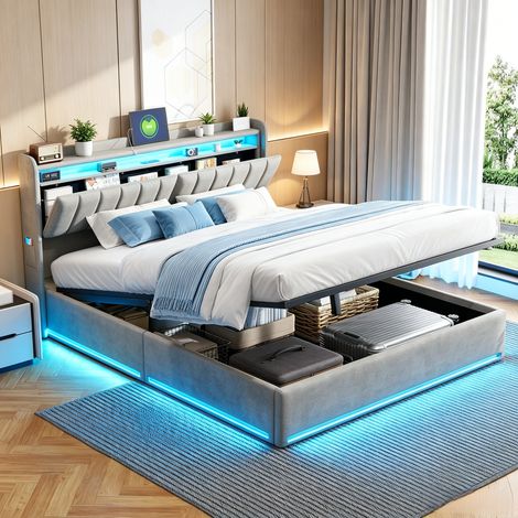 JOOKGBD–Letto a Contenitore 140x190 cm,Letto Matrimoniale Imbottito,Sistema di Sollevamento a Gas,LED su Testiera e Telaio,Testiera con Stoccaggio,USB,Rete a Doghe,Velluto,Grigio