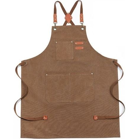 1 delantal de mezclilla marrón mejorado e impermeable con tirantes, delantal de mezclilla ajustable con bolsillos y tirantes cruzados (1/3)