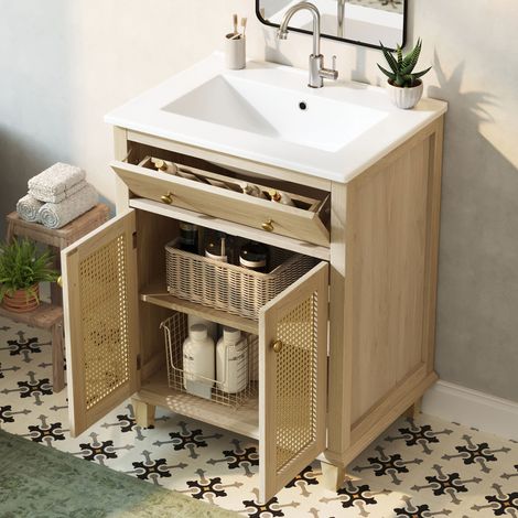 Mobile bagno con lavabo 61 cm da appoggio in MDF e ceramica colore legno naturale HAVRYA (1/5)