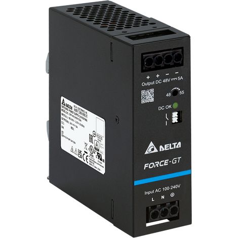 DRF-24V240W1GBA: DRF-24V240W1GBA: Delta su guida DIN 24V/10A, FORCE-GT, alta efficienza, alta densità di potenza