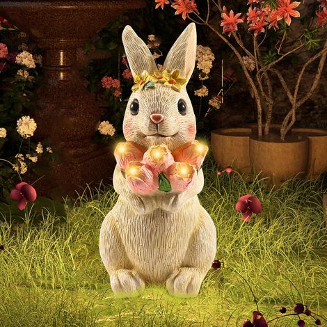Figurine de lapin solaire - Décoration de jardin - Lapin avec fleurs - Lampe solaire - Décoration d'extérieur - Décoration de jardin pour enfants et femmes - Balcon - Jardin féérique - 27 cm (1/5)