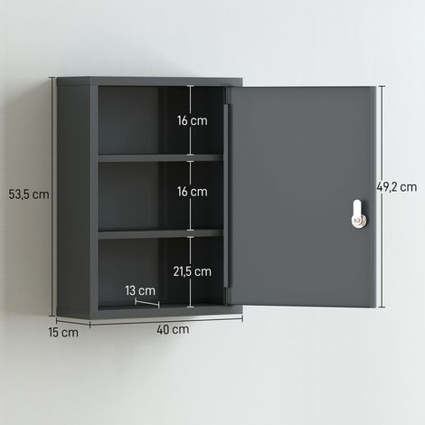 Armoire à pharmacie murale avec serrure, armoire murale en acier à 3 niveaux, 40 x 15 x 53,5 cm, gris anthracite (1/5)