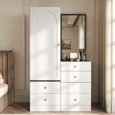 Tocador armario multifunción con espejo, taburete escamoteable, MDF negro y blanco OKMYHOME (1/5)