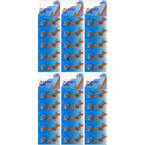 Lot de 60 Piles bouton plates type AG10 compatibles LR1130 / LR54 / G10 1,5V - Juanio - (1/2)