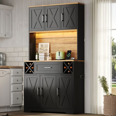 Meuble de rangement haut de cuisine avec éclairage LED, buffet garde-manger en bois, étagère à bouteilles et vitrine pour salon ou salle à manger, 180 x 105 x 40 cm (1/5)