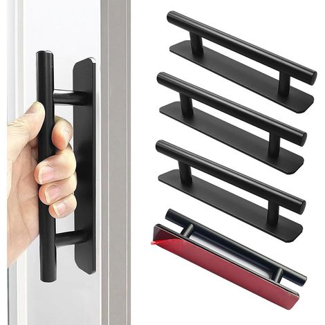 4 Pièces Poignée de Meuble Autocollante, Poignée Porte Coulissante en Acier Inoxydable sans Perçage, Poignées pour Placard Cuisine Frigo Tiroir Porte Coulissante, 150mm - Noir (1/5)