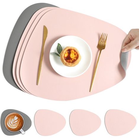 4 teiliges Set aus Platzsets und Untersetzern, doppelseitig, rutschfest und wasserdicht, abwaschbar, aus Leder, dunkelbraun und cremeweiß (4 Plat (1/5)