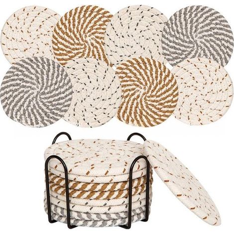 Set mit 8 Untersetzern (inkl. Aufbewahrungsgestell), wasserabsorbierende Untersetzer, für Couchtische, minimalistisches Set aus gewebten Baumwoll (1/5)