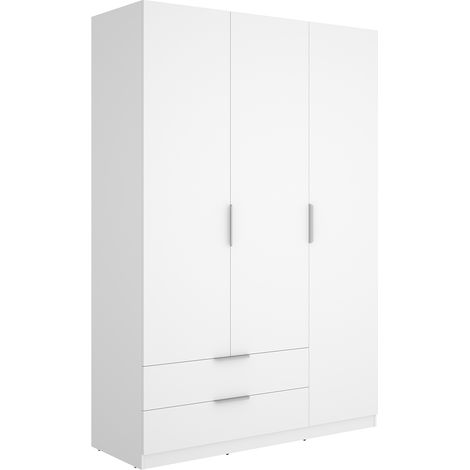 Armoire placard de rangement à 3 portes battantes et 2 tiroirs, coloris blanc - Hauteur 203,5 x Longueur 136,6 x Profondeur 51,4 cm (1/5)