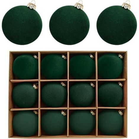 12er-Set unzerbrechlicher Samt-Weihnachtskugeln, 6 cm große, flockierte Hängekugeln als Christbaumschmuck, Dekorationen (Grün)
