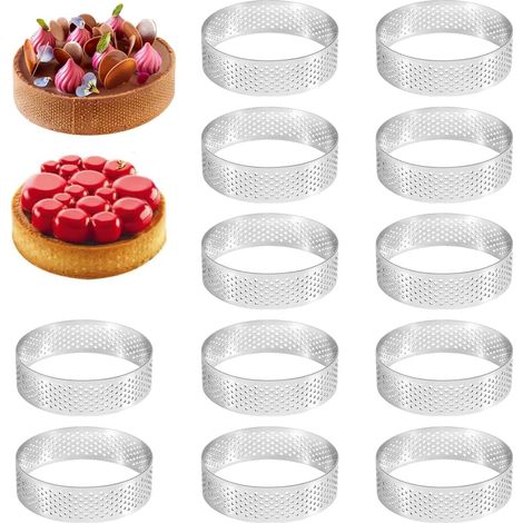 12 Pièces Cercle à Pâtisserie, Cercle a Tarte Perforé en Acier Inoxydable, pour Quiches, Gâteaux, Mousse, Muffins, Mini Pizzas, Outils de Cuisson, Diamètre: 6 cm