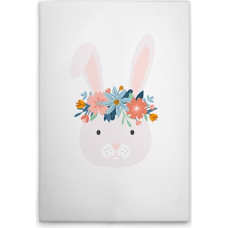 Leinwandbild Kinderzimmer Hase mit Blumen M1-No.51479 - Kunstdruck auf Leinwand in Weiß Bunt - Wandbild 40 x 60 cm (1/5)