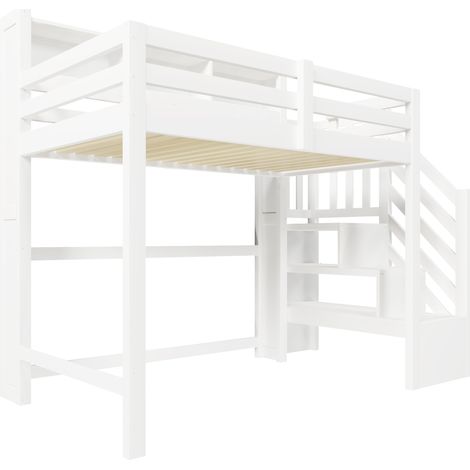 Letto a soppalco bambino 90 x 200 cm con LED, scala e vani, bianco, senza materasso (1/5)