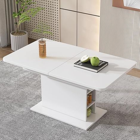 SOGES Table de Salle à Manger Extensible avec Étagère de Rangement, Table à Café Rectangulaire, Îlot de Cuisine pour Salon, Salle à Manger, Blanc