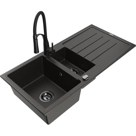 Mexen Andres lavello in granito a 1,5 vasca con scolapiatti e rubinetto cucina Aster, nero/oro metallico - 6515-75-73450-70-B