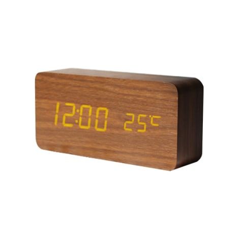 Horloge numérique en bois avec réveil LED multifonctionnel, affichage de l'heure, de la température et de la date, et commande vocale, couleur marron. (1/5)
