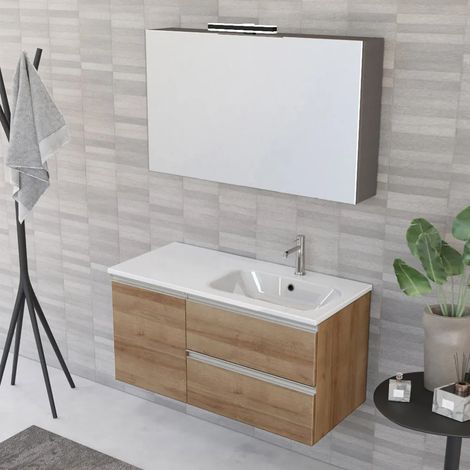 Mobile bagno sospeso 100 cm Master rovere con lavabo e specchio contenitore (1/5)