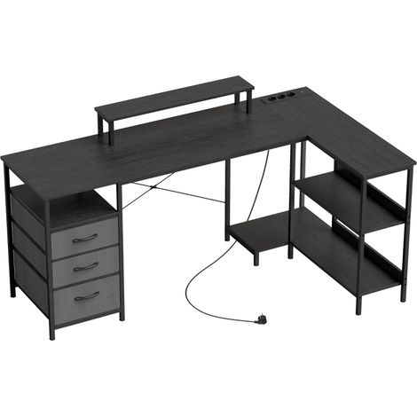 Bureau en L, bureau d'angle réversible avec tiroirs et étagères, 170 cm, noir (1/5)