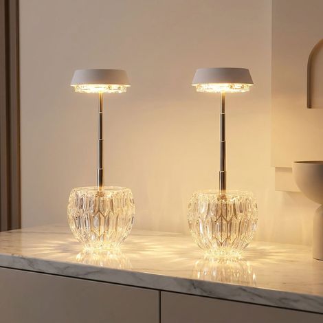 LED Tischleuchte Touchdimmer Nachttischlampe Höhenverstellbar Tischlampe Kristalloptik Glas weiß, 1W 55Lm warmweiß, DxH 10,5x28 cm, 2er Set