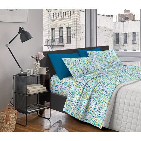 Completo Letto Matrimoniale ,100% Cotone Tiki Azzurro