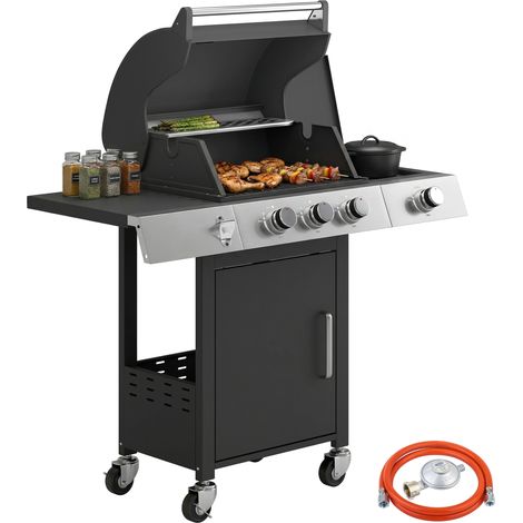 Grill à gaz 10, 5 KW 3, 1 brûleurs, acier inoxydable, brûleur latéral, thermomètre, grille fonte, ouvre-bouteille