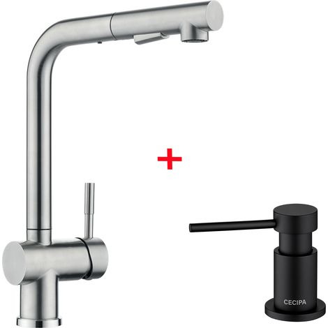 Cecipa Grifo de Cocina Extraíble Cepillado, Grifo de Cocina con Ducha Dos Tipos de Chorro de Agua + Dispensador de Jabón de Cocina con Contenedor de 300 ML Negro (1/5)
