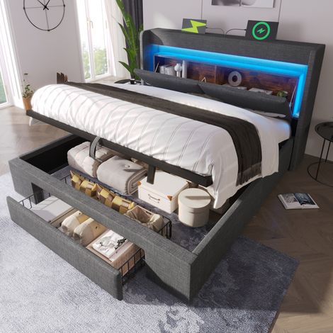 Bett mit Stauraum 180x200 cm, Leinen Grau, mit LED, USB/USB-C, Kopfteil mit Fächern und Lattenrost (1/5)