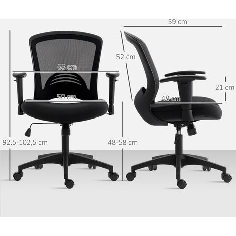 Chaise de bureau réglable en maille noire, dossier et assise respirants, roulettes silencieuses, inclinaison ajustable, ergonomique (1/4)