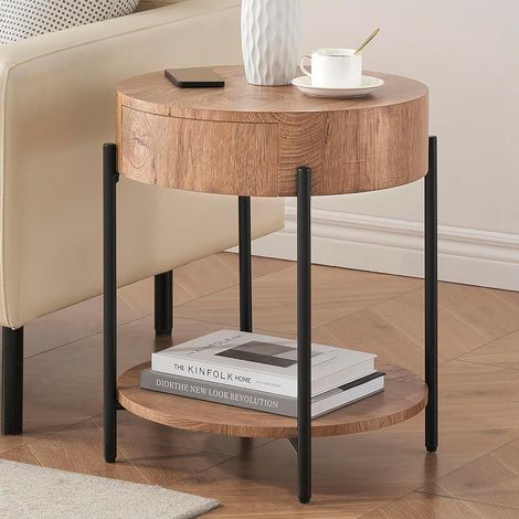 Table basse ronde 2 niveaux avec tiroir et étagère ouverte - Design moderne en MDF hydrofuge et pieds métal - Idéale salon/chambre - 50x50x54,5 cm - Motif : Anneaux annuels (1/5)
