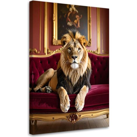 Impression sur Toile, Lion allongé sur un canapé animaux glamour,60x90 (1/4)