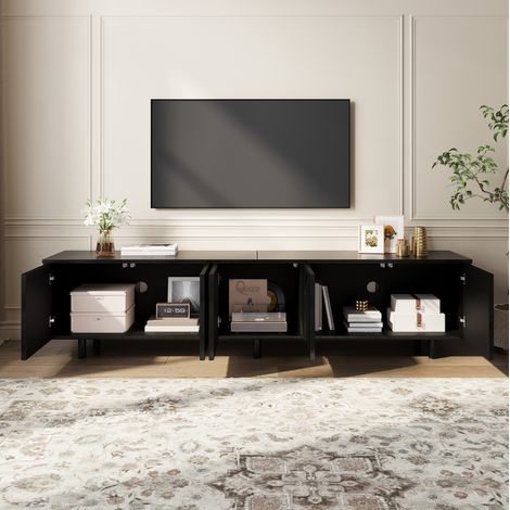 Mueble TV 180 cm con 5 puertas y amplio almacenamiento, patas metálicas, diseño moderno, negro (1/5)