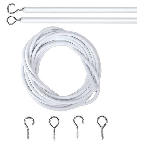 2M Cable pour Rideaux, Blanc Fil de Rideau avec 2 Pièces Piton à Visser Boulons à Oeil et 2 Pièces Crochets à Visser, Câble de Rideau Enduite de Plastique, Cable Rideau Tringle Rideau Souple (1/5)