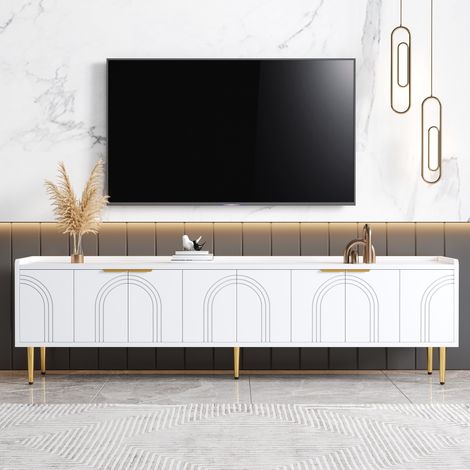 Meuble TV 170x35x47.5cm - meuble bas avec porte texturée - poignées et pieds dorés - Blanc (1/5)