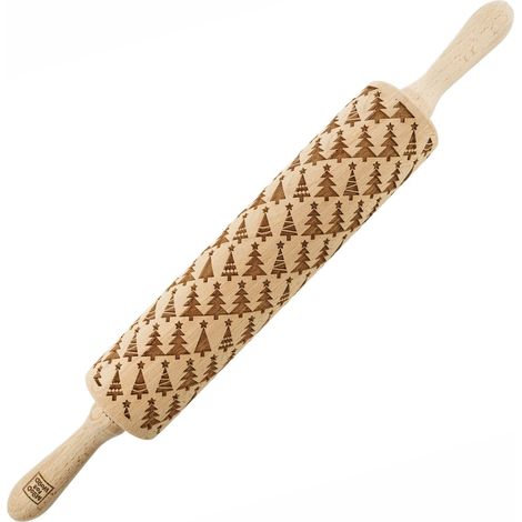 Mattarello in legno MoodForWood, inciso, 43 cm con manici, perfetto per la cottura al forno - Motivo albero di Natale (1/5)