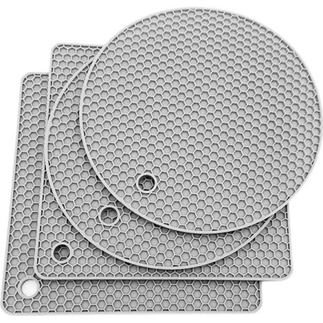 Srvillg Lot 4 dessous-de-plat en silicone gris (2 ronds 2 carrés), alimentaire, antidérapant, pliable, résistant chaleur