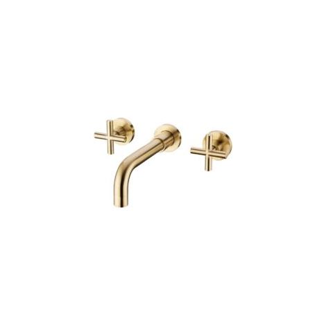 Miscelatore per lavabo a parete in ottone spazzolato color oro con doppie maniglie, rubinetto per bagno in ottone