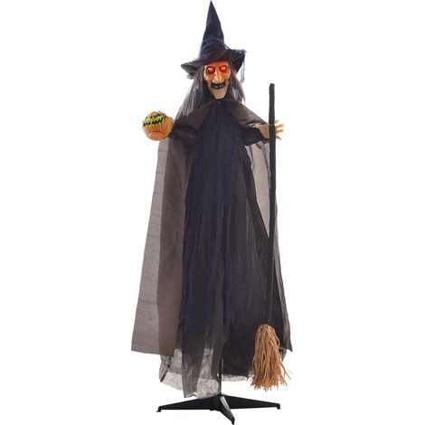 HOMCOM Halloween Witch with Broomstick Animatronic Prop with Light Up Eyes (1/5)