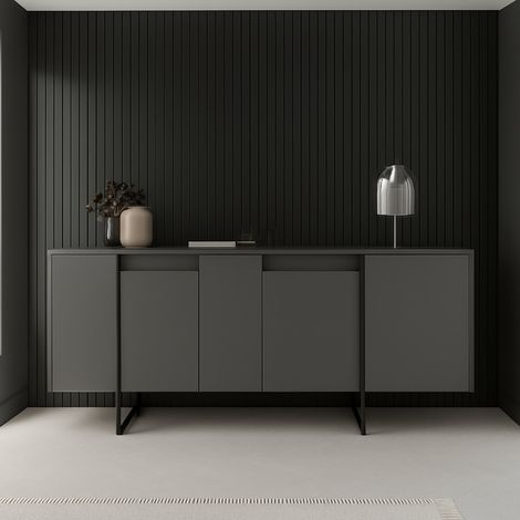 Dmora - Buffet Betel, Buffet du salon, Commode de salon, Garde-manger de cuisine, 160x35h80 cm, Anthracite et Noir, avec emballage renforcé (1/5)