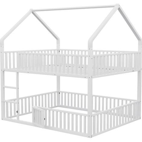 Kinder-Etagenbett aus weißem Metall 140x200 mit Leiter und öffnbarer Tür (1/5)