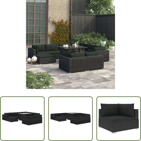 Rotin -  Salon de jardin 10 pcs avec coussins Résine tressée Noir (1/5)