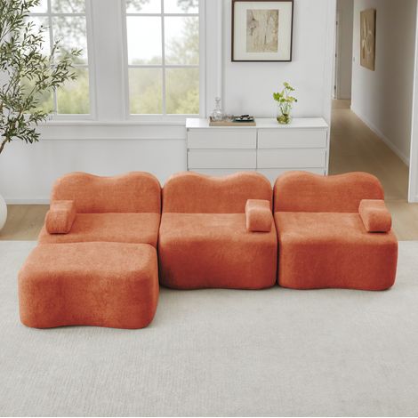 Canapé d'angle modulaire 288x167x70 cm orange en velours avec ottomane, assise profonde et mousse haute densité (1/5)
