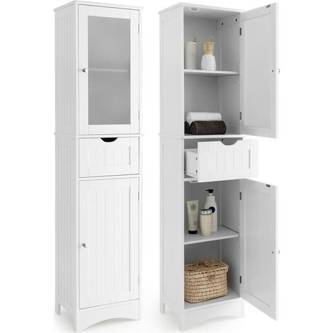 COSTWAY Meuble Colonne de Salle de Bain avec 2 Portes et 1 Tiroir/Armoire Haute 4 Niveaux avec Étagères et Porte en Verre Dépoli pour Salon Chambre Cuisine-40 x 30 x 170 cm Blanc (1/5)