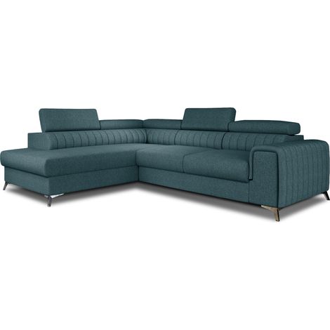 Canapé d'angle convertible tissu appuis-tête réglables LOZA - Coffre et pieds acier chromé angle gauche-Vert emeraude-angle gauche (1/5)