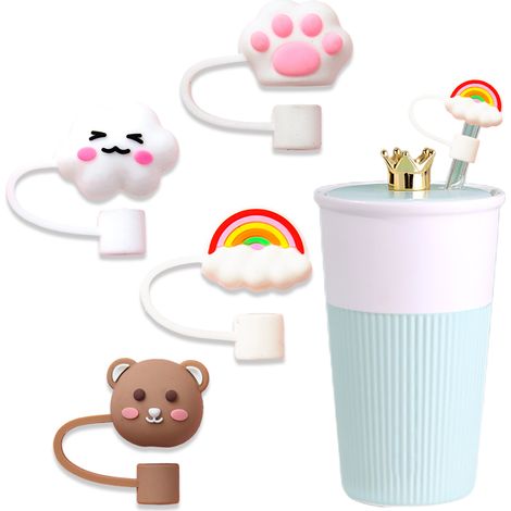 Lot de 4 protège-paille en silicone - motif griffe, ours, arc-en-ciel et nuage