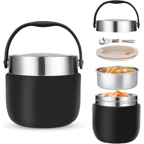 Thermo Isolant Contenant 1200ml avec Cuillère Pliante Boîtes Alimentaires Isothermes pour Conserver le Porridge,la Soupe, les Fruits, les Yaourts et les Déjeuners Noir (1/5)