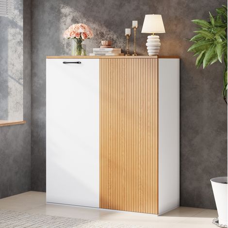Armadio contenitore 80x40x110 cm in MDF bianco effetto rovere con ante per ufficio MEUBLIV (1/5)