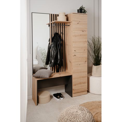Mobile ingresso con frontale cannettato e specchio colore quercia e antracite 122x190H cm - Medan (1/5)